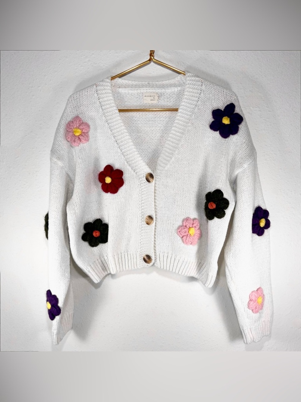 Dreamers By Debut Daisy Floral Knit 3D Cardigan Sweater White Size M Chunky